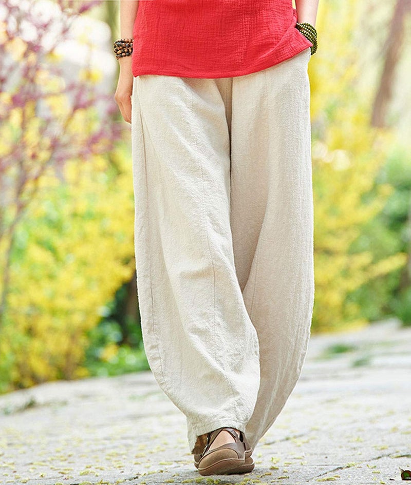 IXIMO Women's Casual Cotton Linen Baggy Pants with Elastic Waist Relax Fit Lantern Trousers Beige M - Image 2